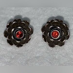 Indonesian Garnet and Sterling Silver .925 Earrings, 'Lotus in Bloom' Flowers